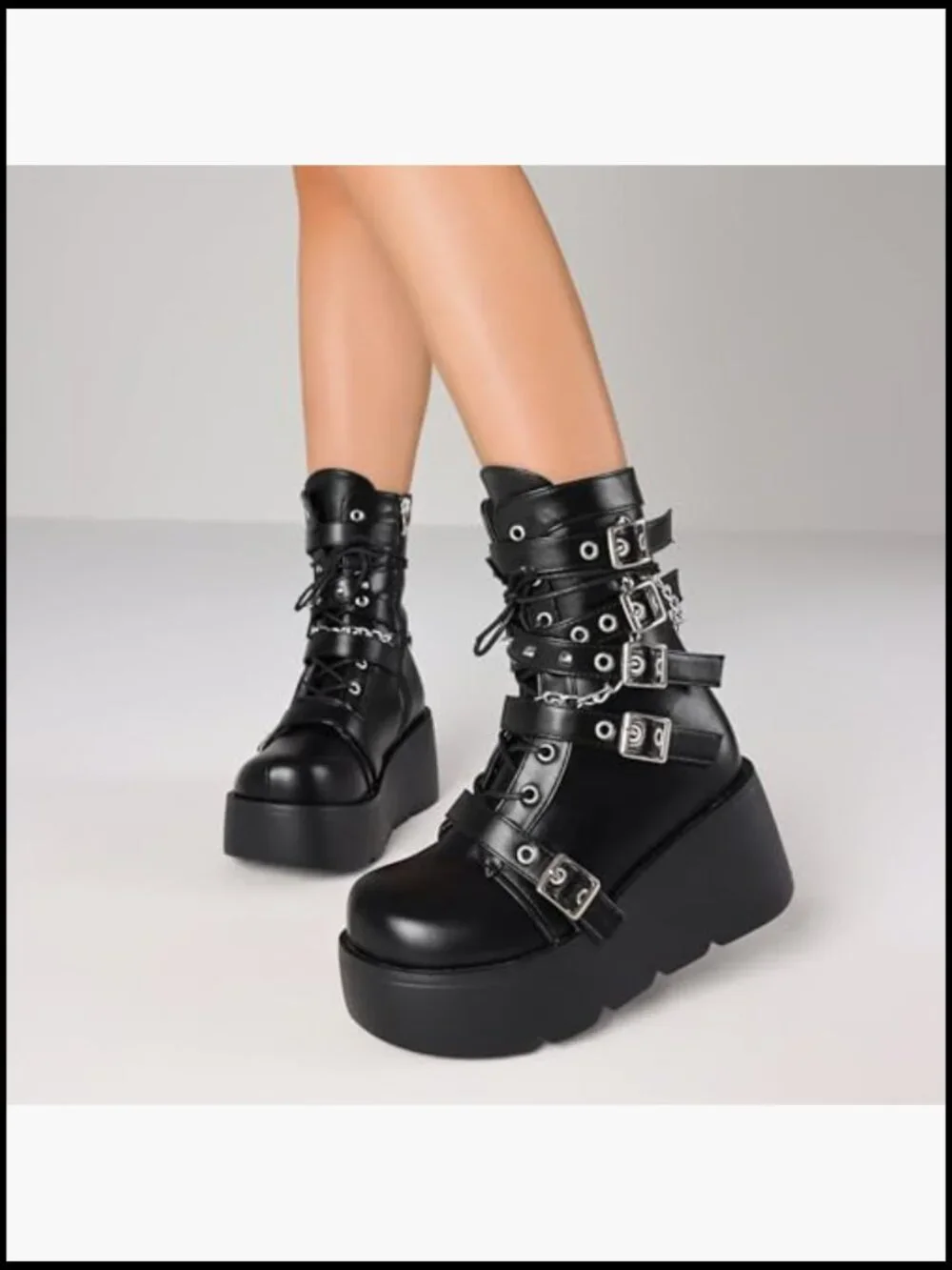Gothic Platform Ankle Boot Side Zip Round Toe Wedge Buckle Combat Rave Chunky - Picture 4 of 7
